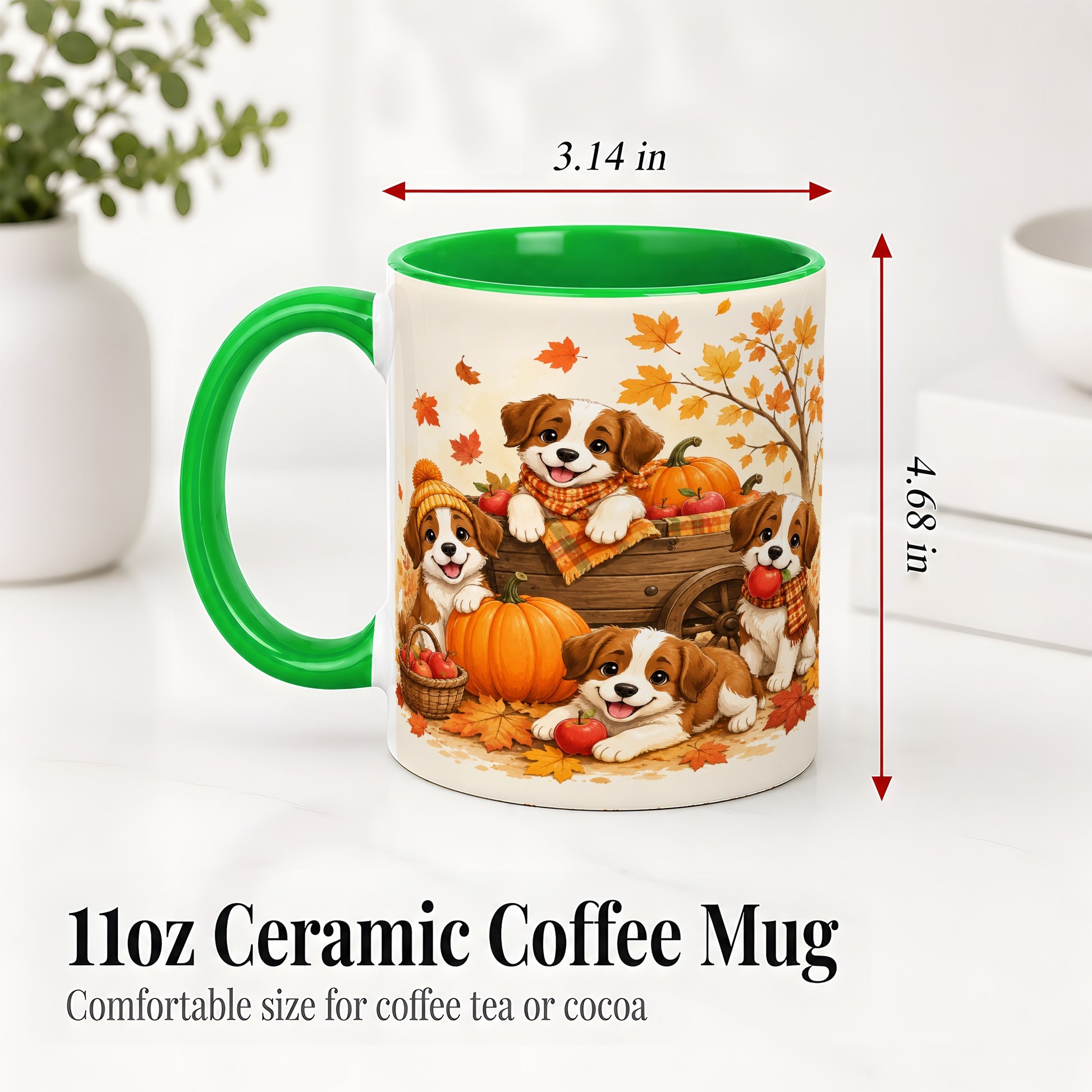 #pl[11oz|Green] Autumn Puppies Accent Mug, Mug with Pumpkin Harvest Cart Artwork