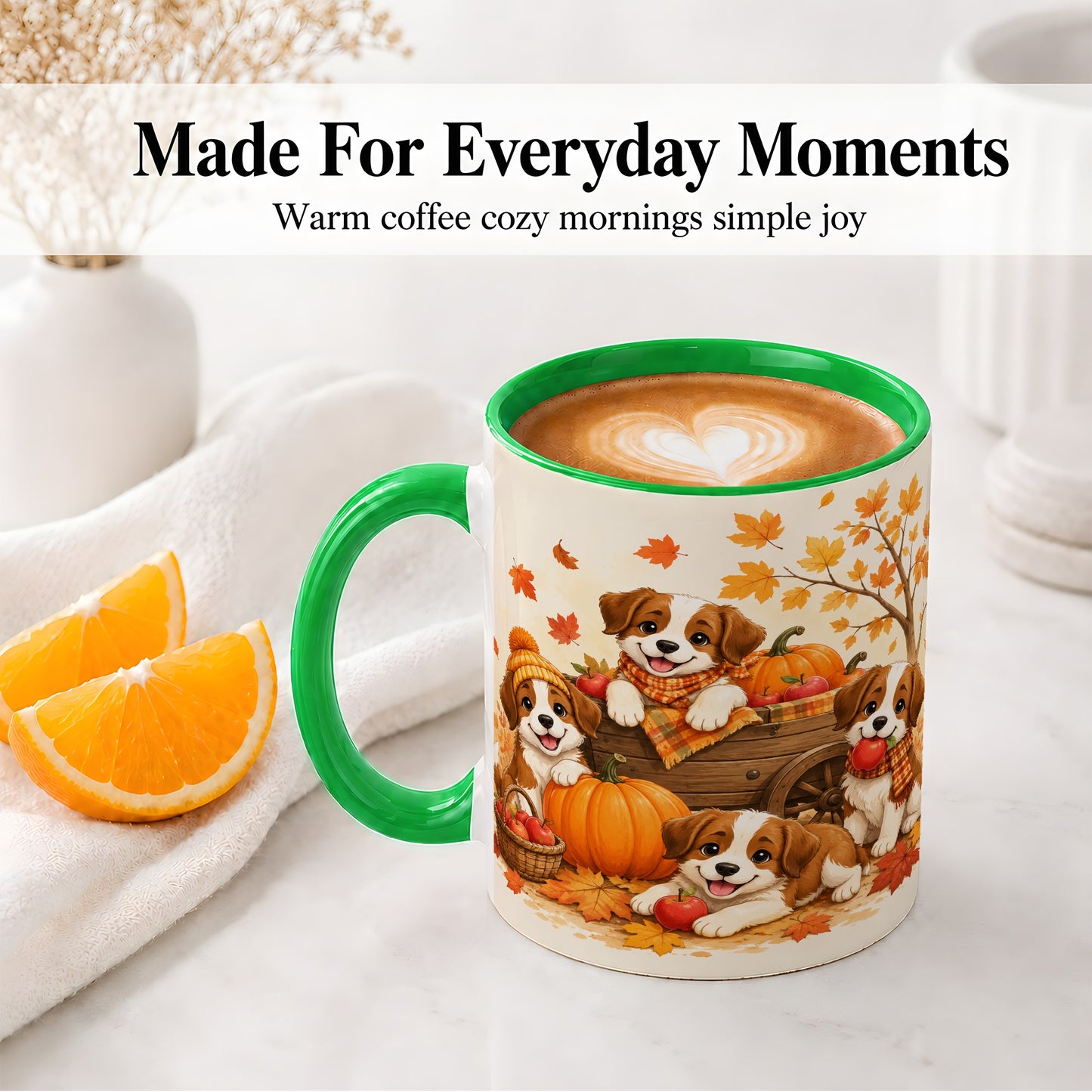 #pl[11oz|Green] Autumn Puppies Accent Mug, Mug with Pumpkin Harvest Cart Artwork