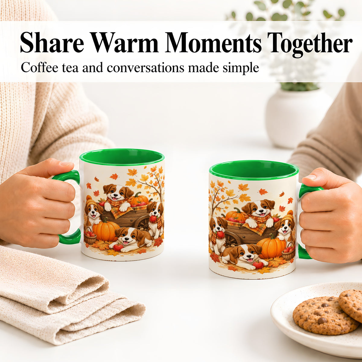 #pl[11oz|Green] Autumn Puppies Accent Mug, Mug with Pumpkin Harvest Cart Artwork