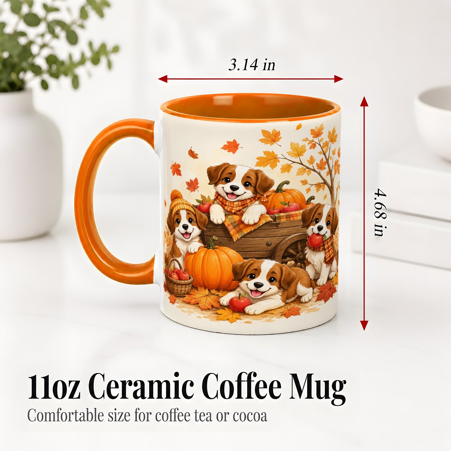 #pl[11oz|Orange] Autumn Puppies Accent Mug, Mug with Pumpkin Harvest Cart Artwork