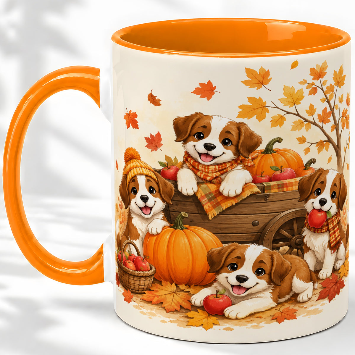 #pl[11oz|Orange] Autumn Puppies Accent Mug, Mug with Pumpkin Harvest Cart Artwork