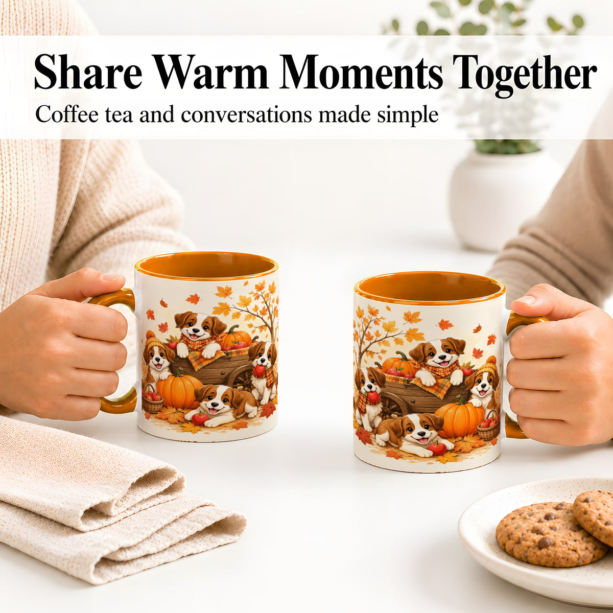 #pl[11oz|Orange] Autumn Puppies Accent Mug, Mug with Pumpkin Harvest Cart Artwork