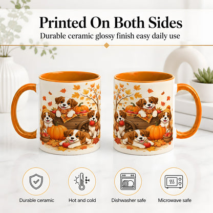 #pl[11oz|Orange] Autumn Puppies Accent Mug, Mug with Pumpkin Harvest Cart Artwork