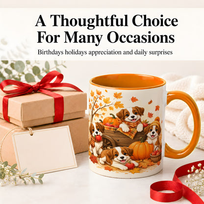 #pl[11oz|Orange] Autumn Puppies Accent Mug, Mug with Pumpkin Harvest Cart Artwork