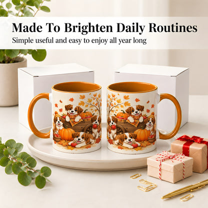 #pl[11oz|Orange] Autumn Puppies Accent Mug, Mug with Pumpkin Harvest Cart Artwork