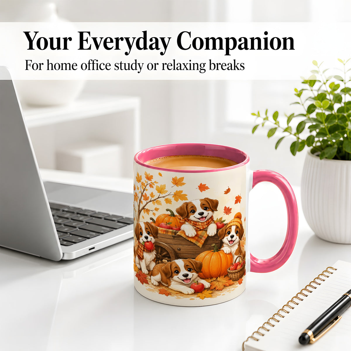 #pl[11oz|Pink] Autumn Puppies Accent Mug, Mug with Pumpkin Harvest Cart Artwork