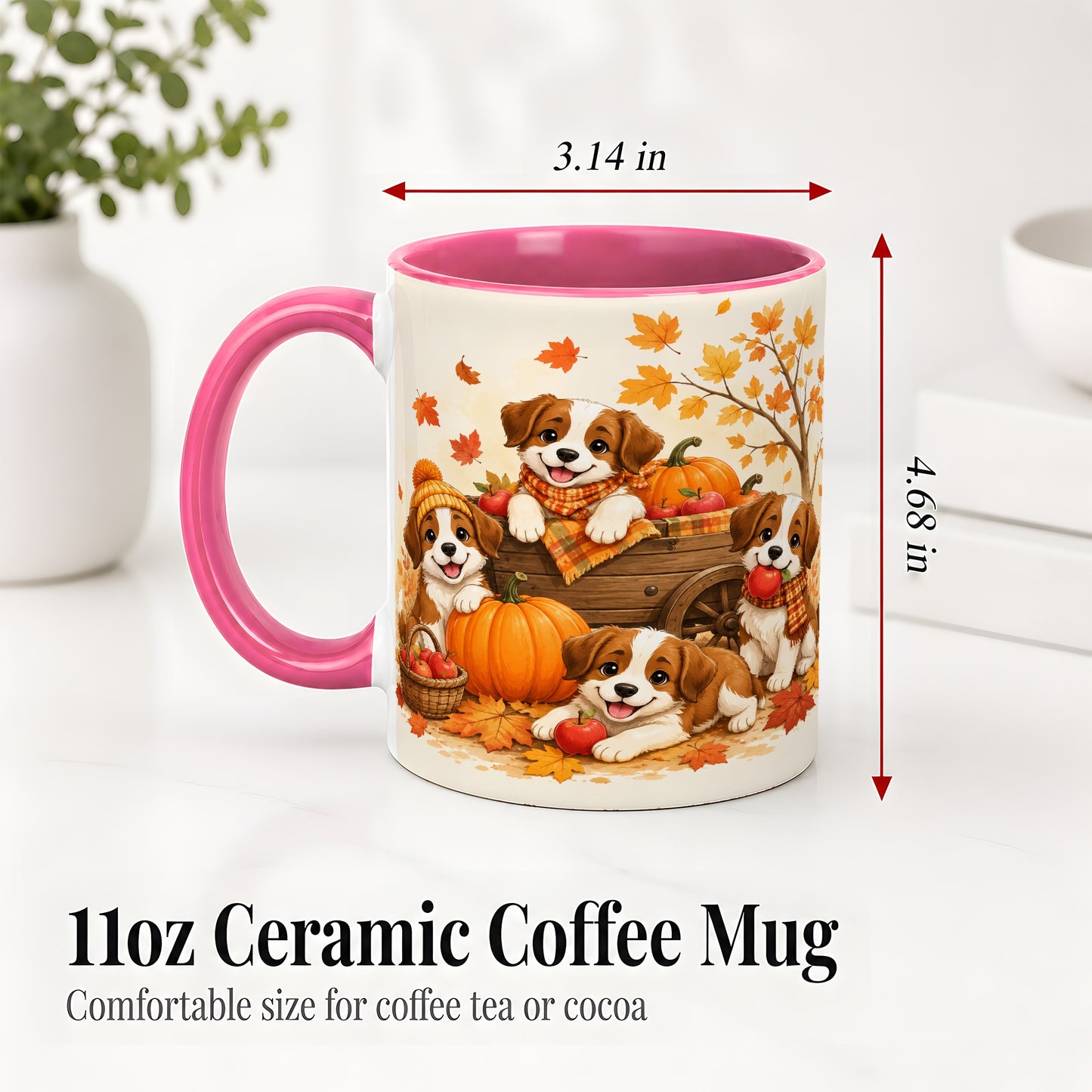 #pl[11oz|Pink] Autumn Puppies Accent Mug, Mug with Pumpkin Harvest Cart Artwork