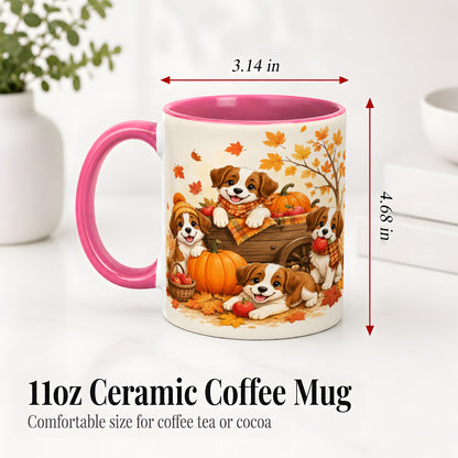 #pl[11oz|Pink] Autumn Puppies Accent Mug, Mug with Pumpkin Harvest Cart Artwork