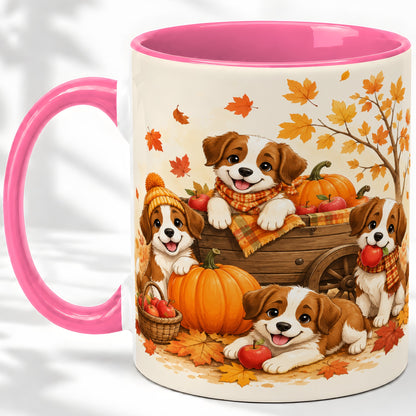 #pl[11oz|Pink] Autumn Puppies Accent Mug, Mug with Pumpkin Harvest Cart Artwork
