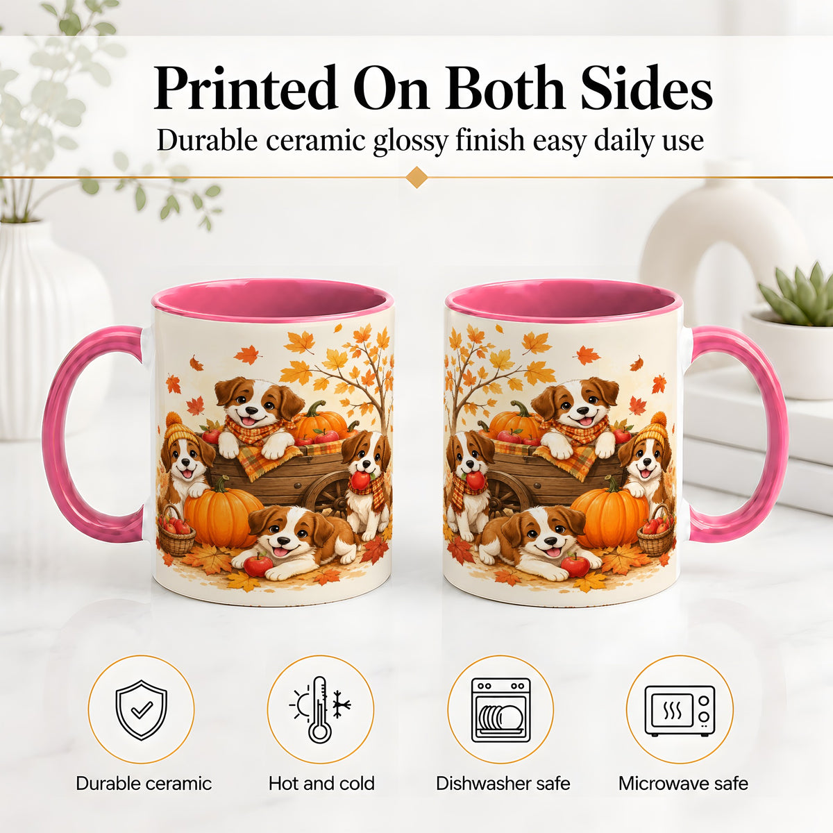 #pl[11oz|Pink] Autumn Puppies Accent Mug, Mug with Pumpkin Harvest Cart Artwork