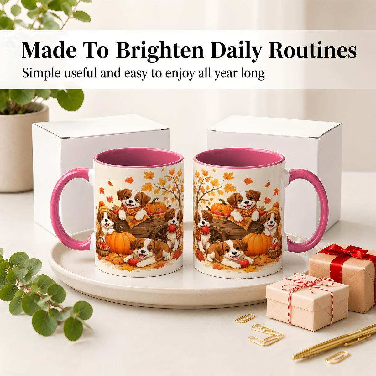 #pl[11oz|Pink] Autumn Puppies Accent Mug, Mug with Pumpkin Harvest Cart Artwork
