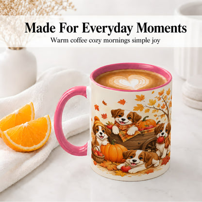 #pl[11oz|Pink] Autumn Puppies Accent Mug, Mug with Pumpkin Harvest Cart Artwork