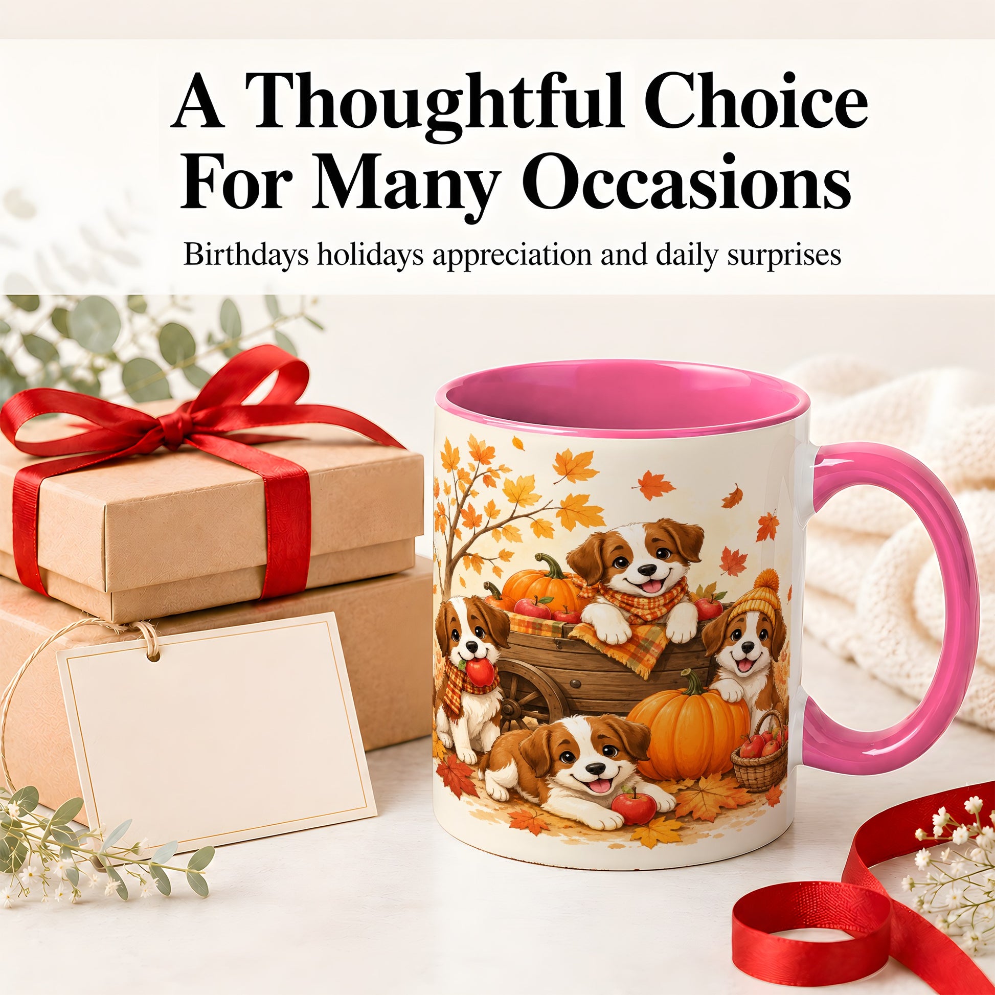 #pl[11oz|Pink] Autumn Puppies Accent Mug, Mug with Pumpkin Harvest Cart Artwork