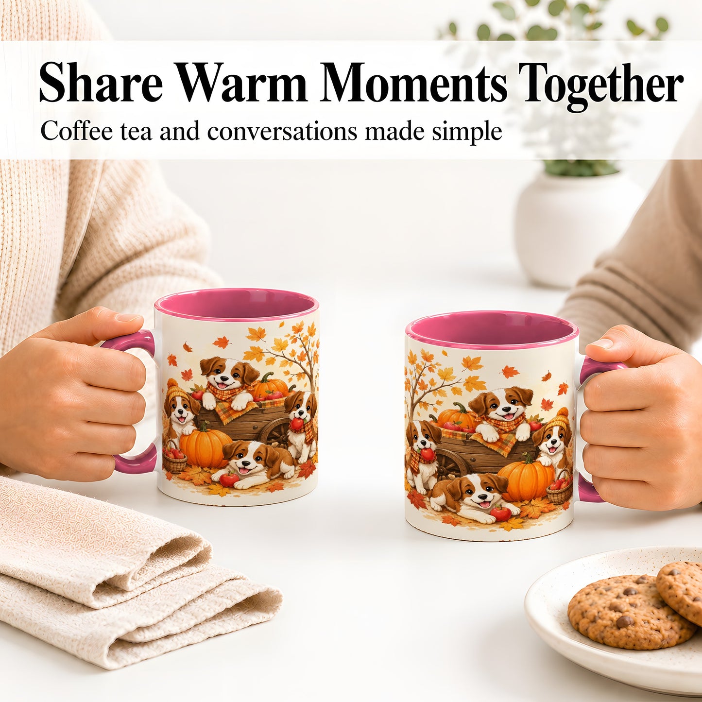 #pl[11oz|Pink] Autumn Puppies Accent Mug, Mug with Pumpkin Harvest Cart Artwork
