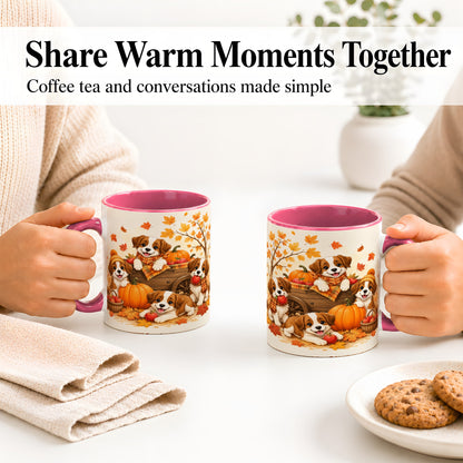#pl[11oz|Pink] Autumn Puppies Accent Mug, Mug with Pumpkin Harvest Cart Artwork