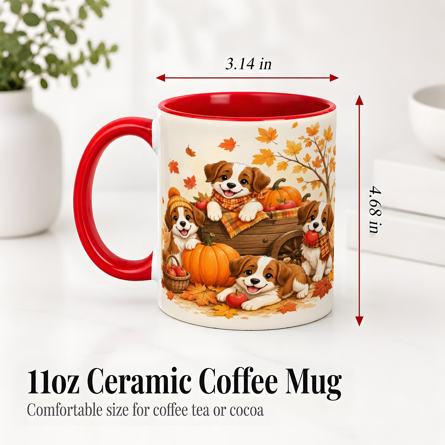 #pl[11oz|Red] Autumn Puppies Accent Mug, Mug with Pumpkin Harvest Cart Artwork