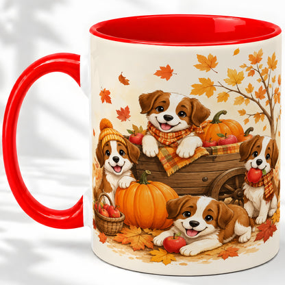 Autumn Puppies Accent Mug, Mug with Pumpkin Harvest Cart Artwork