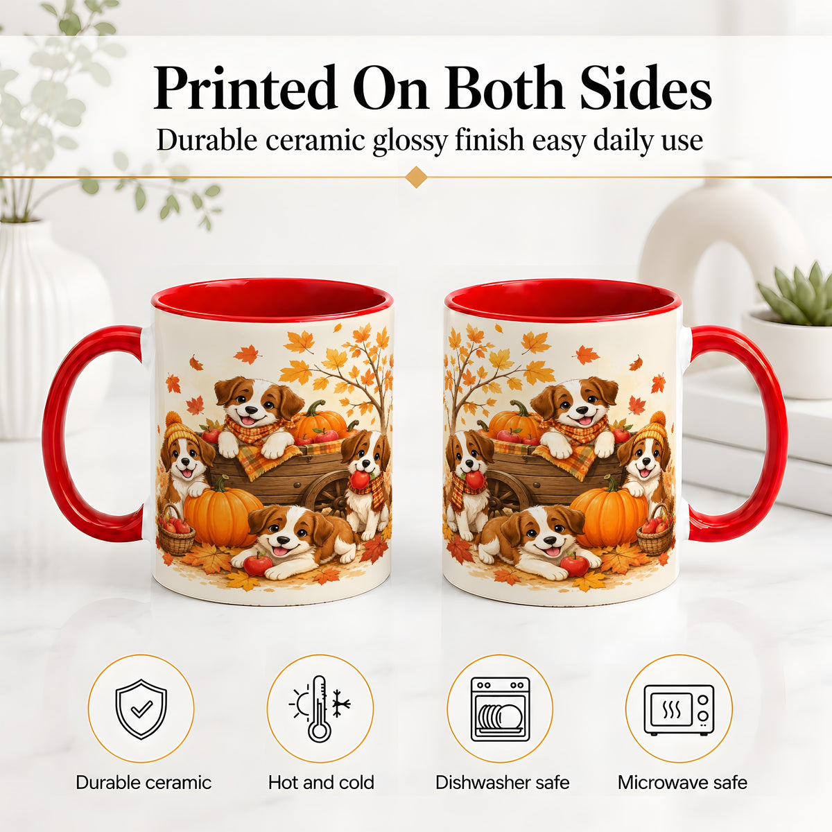 #pl[11oz|Red] Autumn Puppies Accent Mug, Mug with Pumpkin Harvest Cart Artwork