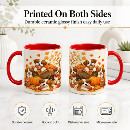 #pl[11oz|Red] Autumn Puppies Accent Mug, Mug with Pumpkin Harvest Cart Artwork