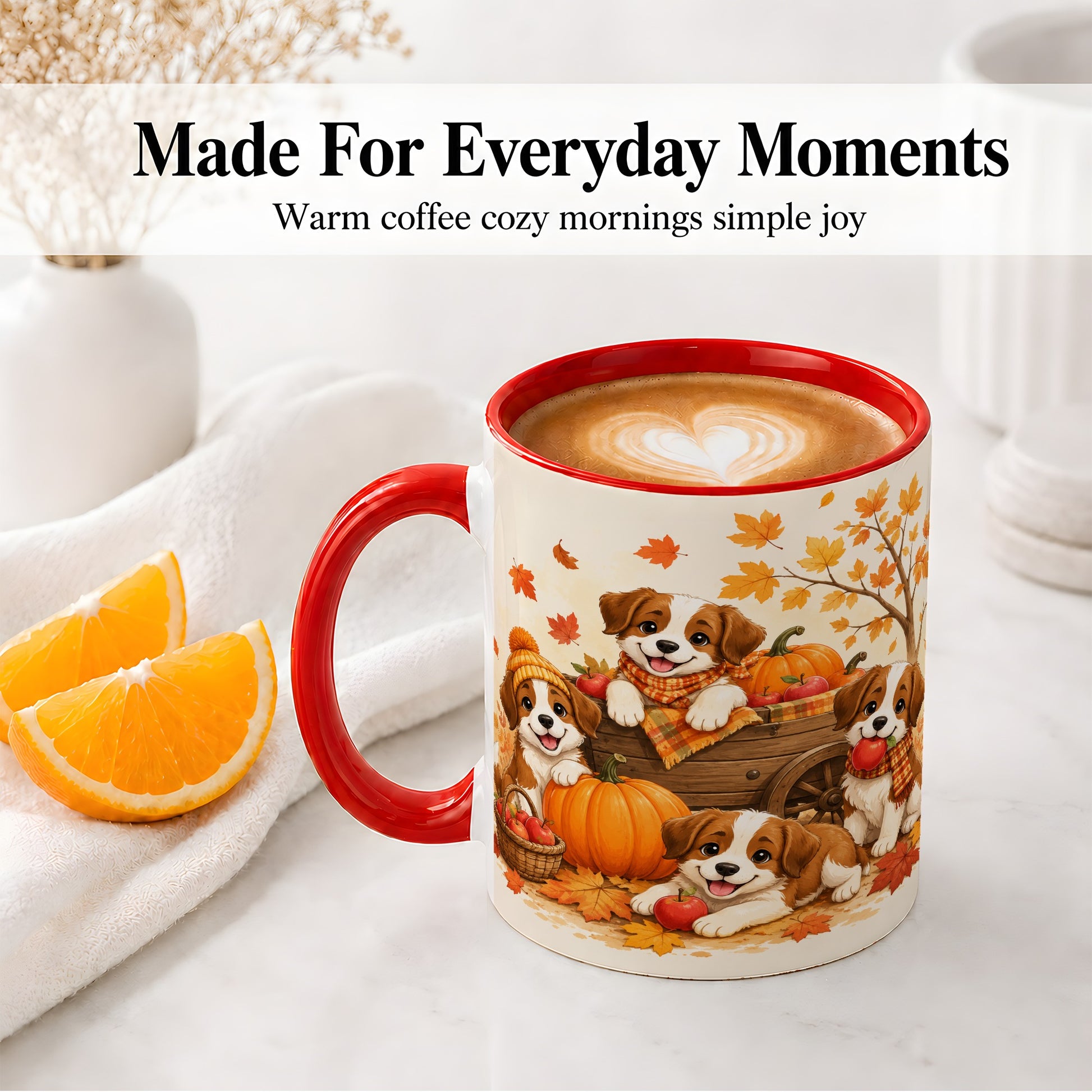 #pl[11oz|Red] Autumn Puppies Accent Mug, Mug with Pumpkin Harvest Cart Artwork