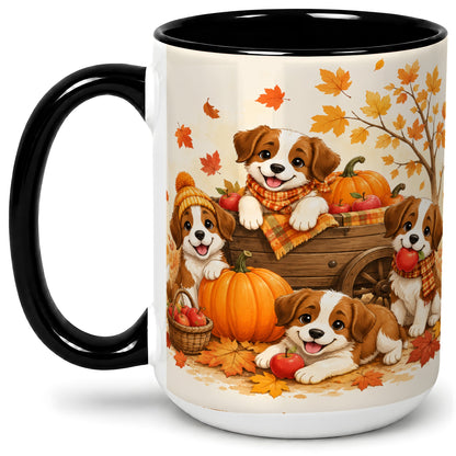 #pl[15oz|Black] Autumn Puppies Accent Mug, Mug with Pumpkin Harvest Cart Artwork