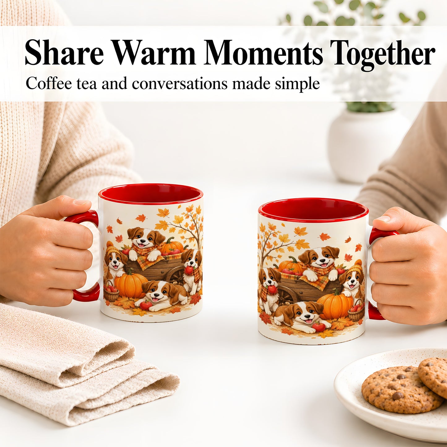 #pl[11oz|Red] Autumn Puppies Accent Mug, Mug with Pumpkin Harvest Cart Artwork