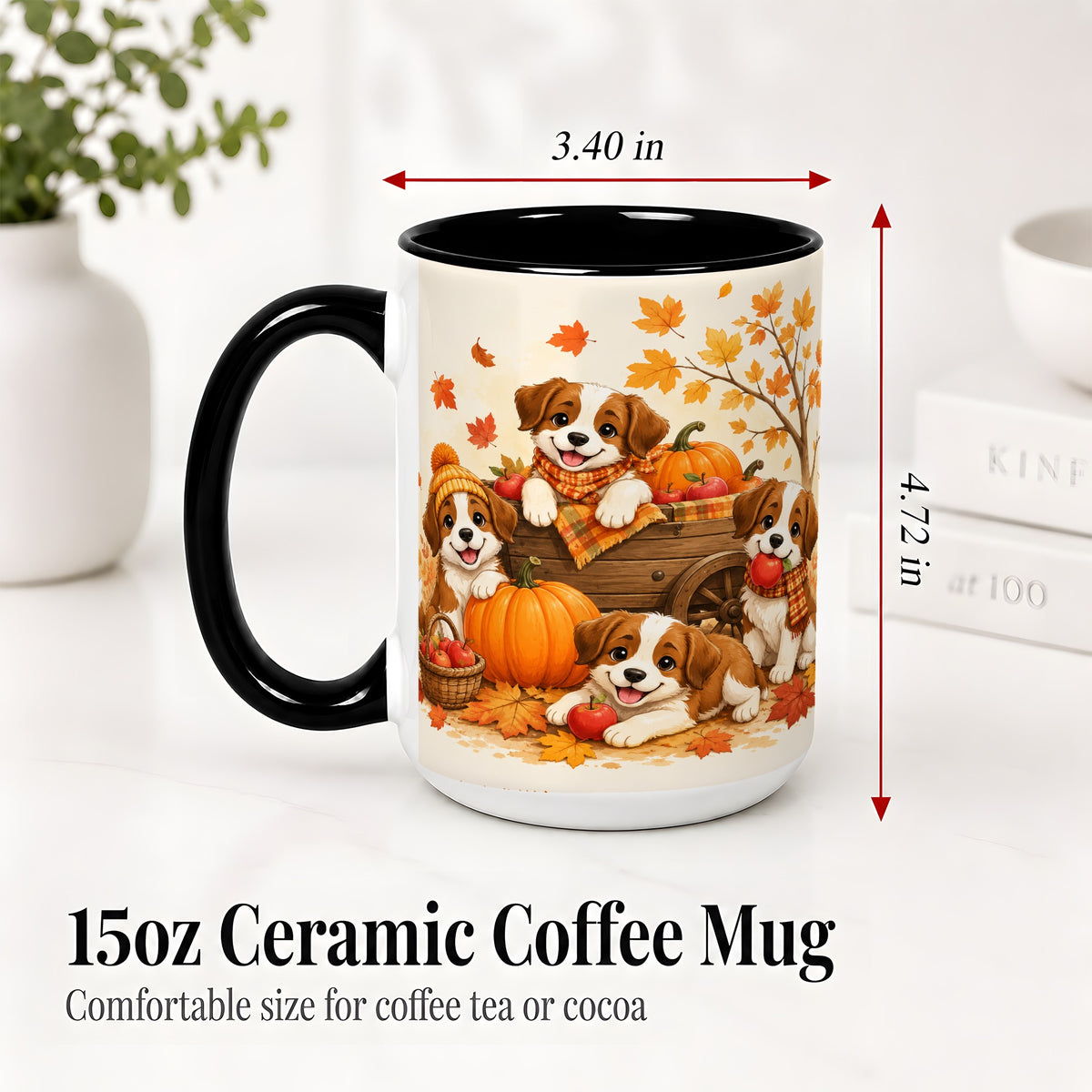 #pl[15oz|Black] Autumn Puppies Accent Mug, Mug with Pumpkin Harvest Cart Artwork