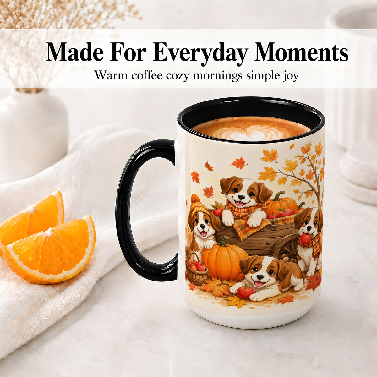 #pl[15oz|Black] Autumn Puppies Accent Mug, Mug with Pumpkin Harvest Cart Artwork