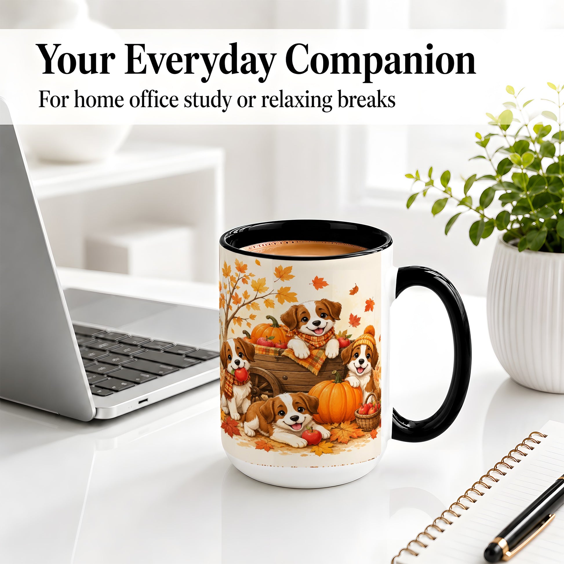 #pl[15oz|Black] Autumn Puppies Accent Mug, Mug with Pumpkin Harvest Cart Artwork