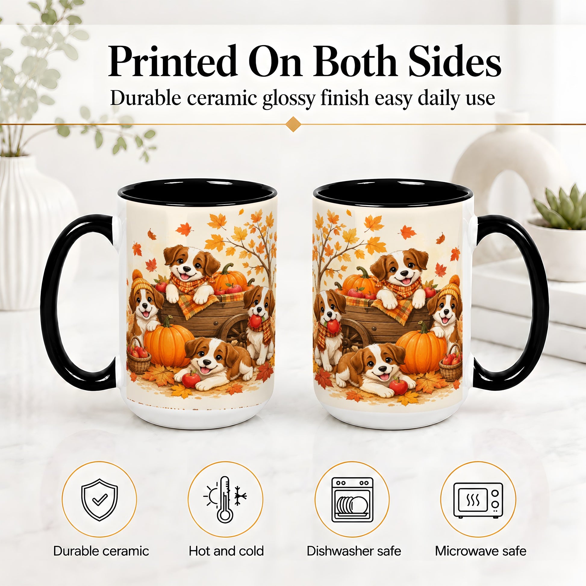 #pl[15oz|Black] Autumn Puppies Accent Mug, Mug with Pumpkin Harvest Cart Artwork