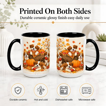 #pl[15oz|Black] Autumn Puppies Accent Mug, Mug with Pumpkin Harvest Cart Artwork