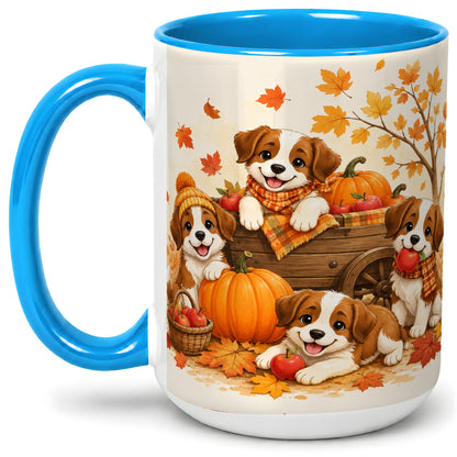 #pl[15oz|Blue] Autumn Puppies Accent Mug, Mug with Pumpkin Harvest Cart Artwork