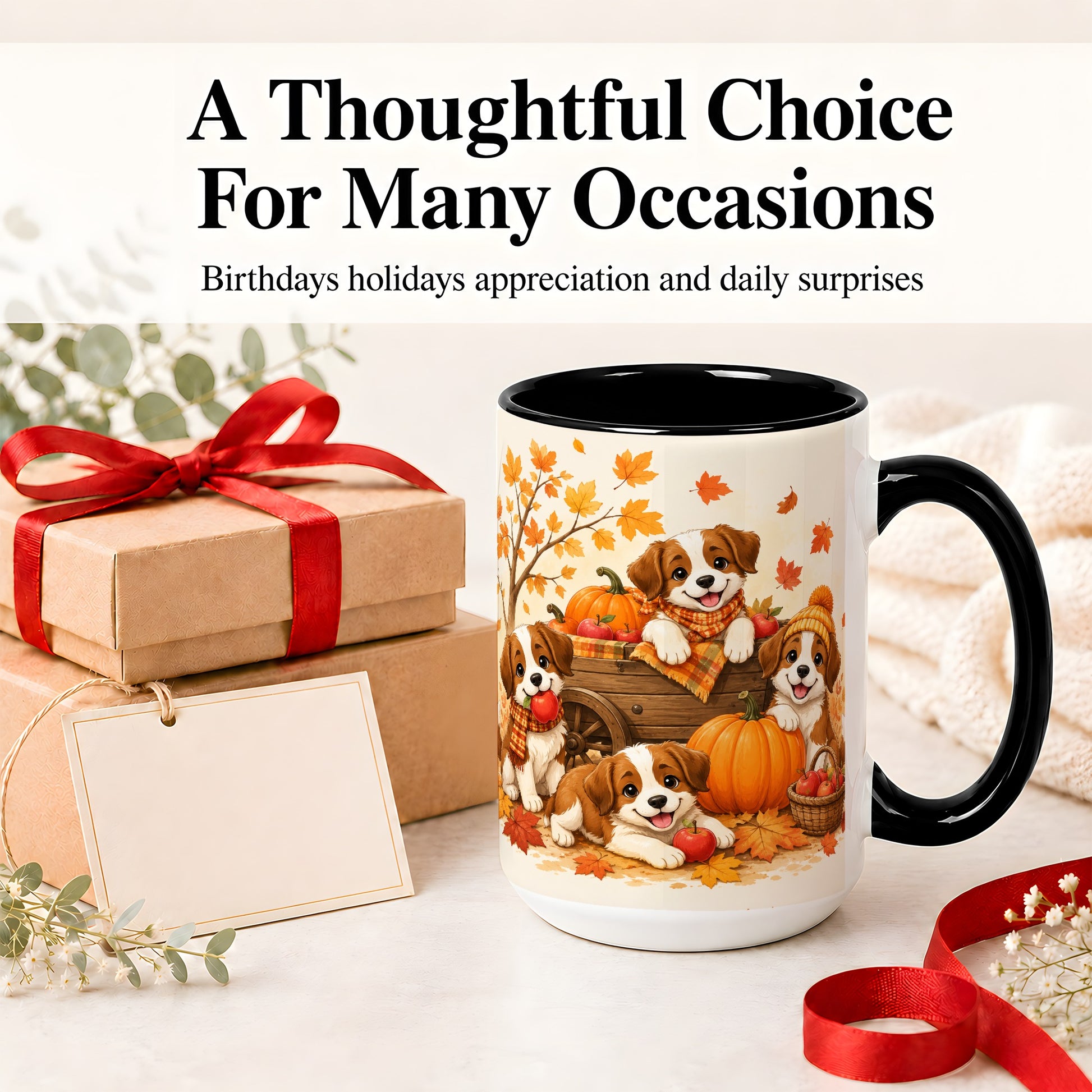 #pl[15oz|Black] Autumn Puppies Accent Mug, Mug with Pumpkin Harvest Cart Artwork