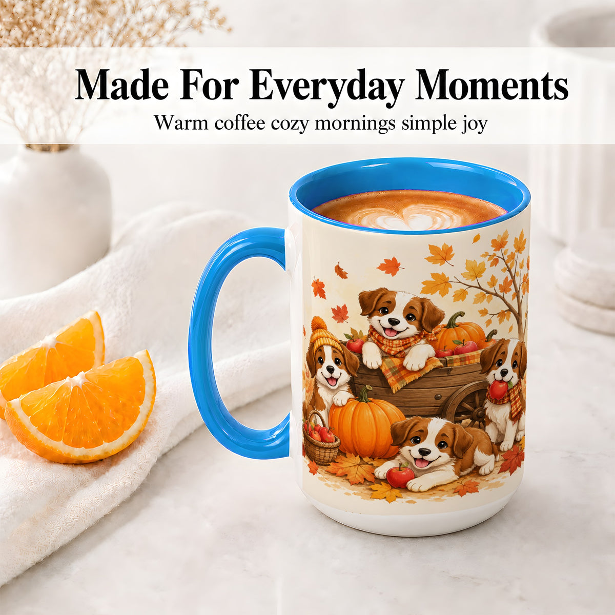 #pl[15oz|Blue] Autumn Puppies Accent Mug, Mug with Pumpkin Harvest Cart Artwork