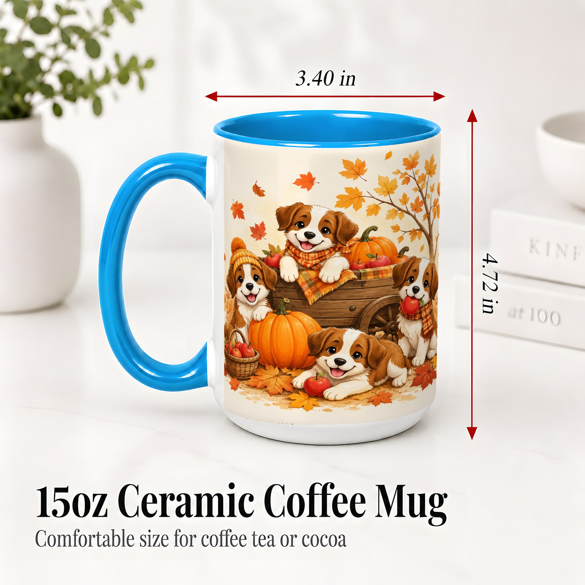 #pl[15oz|Blue] Autumn Puppies Accent Mug, Mug with Pumpkin Harvest Cart Artwork
