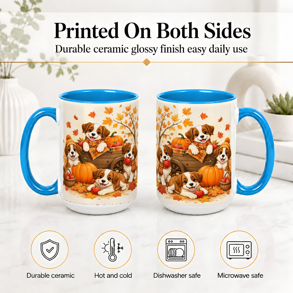 #pl[15oz|Blue] Autumn Puppies Accent Mug, Mug with Pumpkin Harvest Cart Artwork