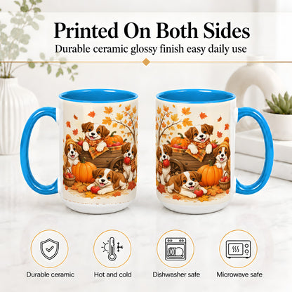 #pl[15oz|Blue] Autumn Puppies Accent Mug, Mug with Pumpkin Harvest Cart Artwork