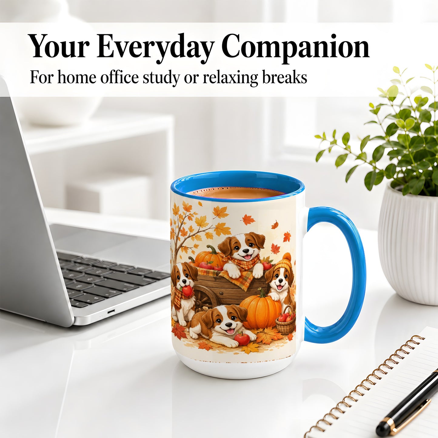 #pl[15oz|Blue] Autumn Puppies Accent Mug, Mug with Pumpkin Harvest Cart Artwork