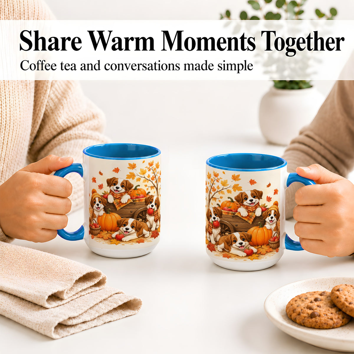 #pl[15oz|Blue] Autumn Puppies Accent Mug, Mug with Pumpkin Harvest Cart Artwork