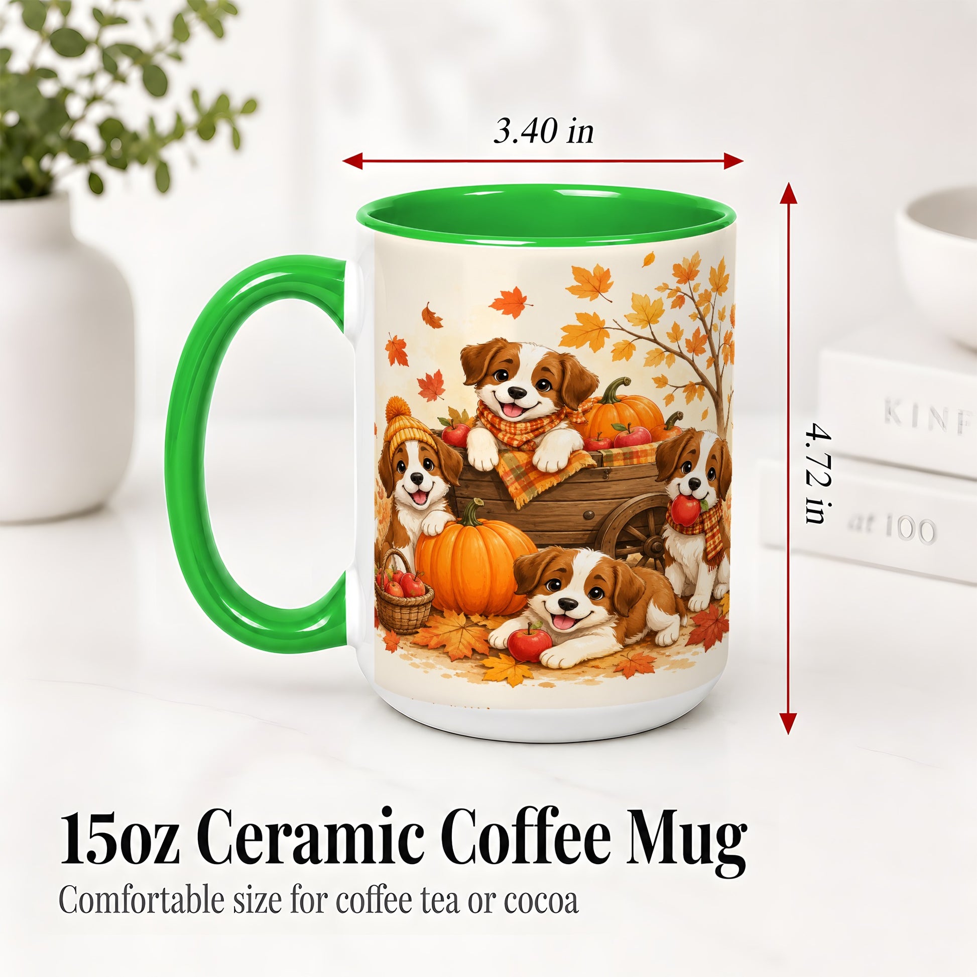 #pl[15oz|Green] Autumn Puppies Accent Mug, Mug with Pumpkin Harvest Cart Artwork