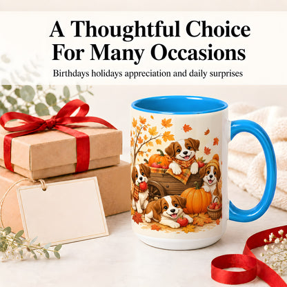 #pl[15oz|Blue] Autumn Puppies Accent Mug, Mug with Pumpkin Harvest Cart Artwork