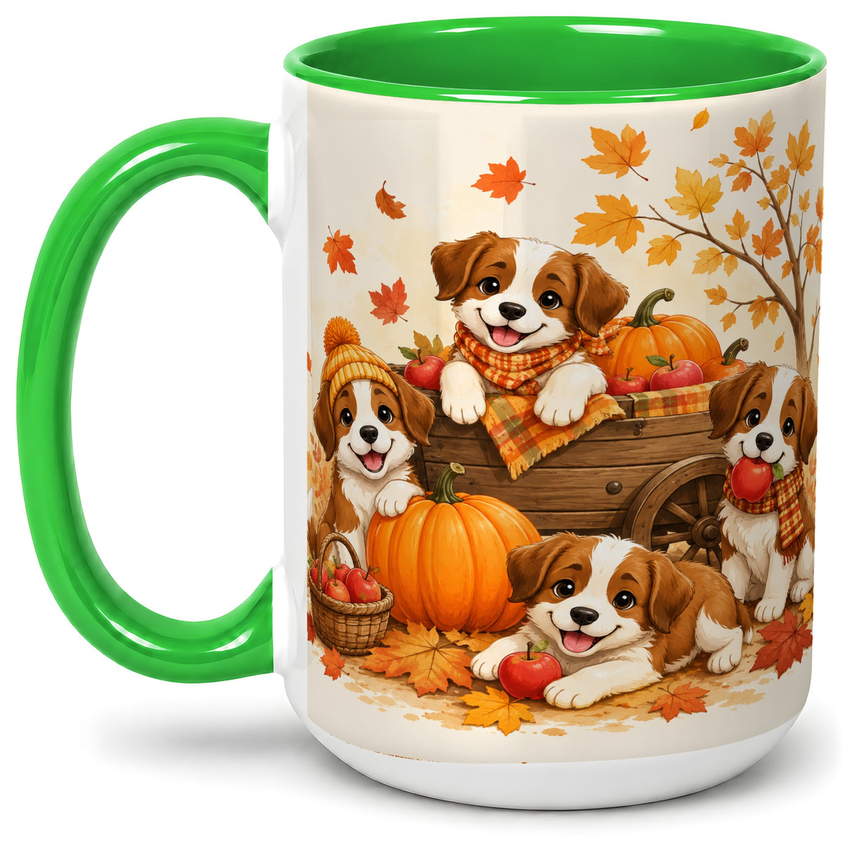 #pl[15oz|Green] Autumn Puppies Accent Mug, Mug with Pumpkin Harvest Cart Artwork