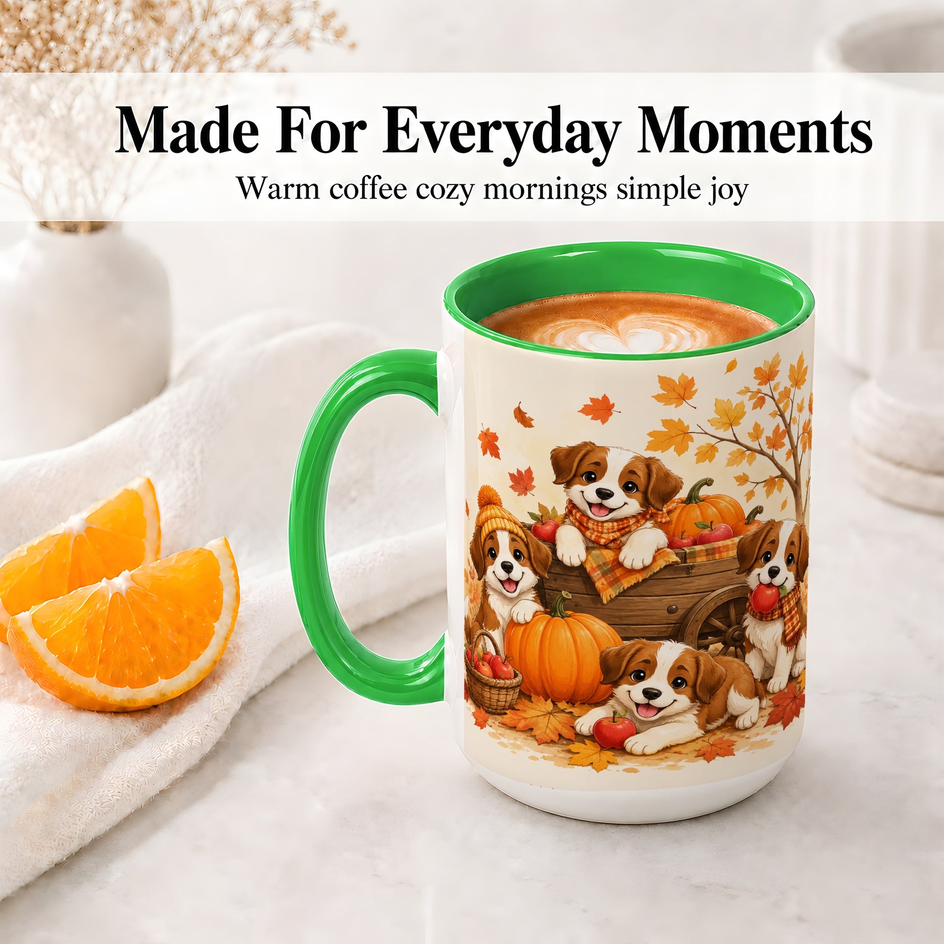 #pl[15oz|Green] Autumn Puppies Accent Mug, Mug with Pumpkin Harvest Cart Artwork