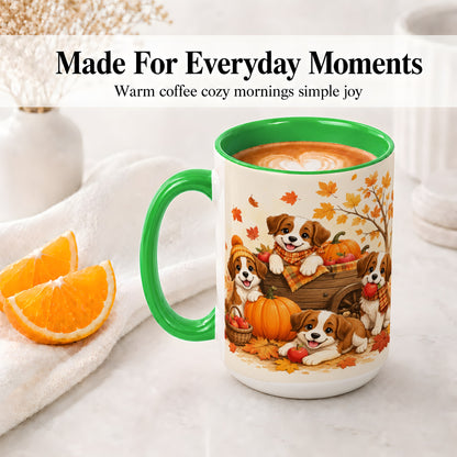 #pl[15oz|Green] Autumn Puppies Accent Mug, Mug with Pumpkin Harvest Cart Artwork