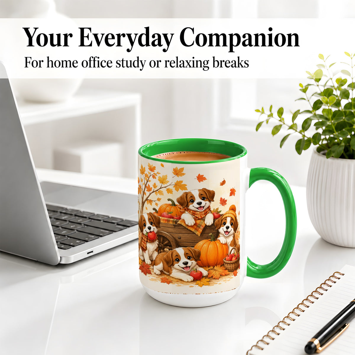 #pl[15oz|Green] Autumn Puppies Accent Mug, Mug with Pumpkin Harvest Cart Artwork