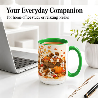 #pl[15oz|Green] Autumn Puppies Accent Mug, Mug with Pumpkin Harvest Cart Artwork