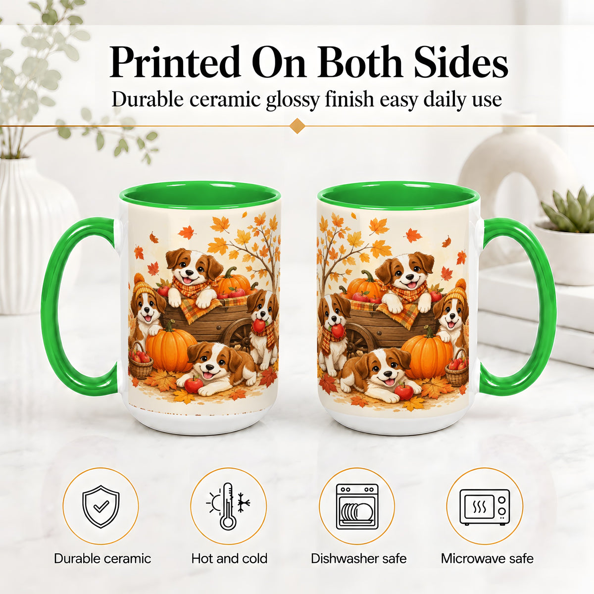 #pl[15oz|Green] Autumn Puppies Accent Mug, Mug with Pumpkin Harvest Cart Artwork