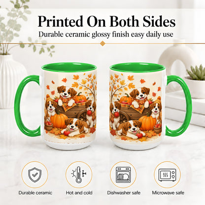 #pl[15oz|Green] Autumn Puppies Accent Mug, Mug with Pumpkin Harvest Cart Artwork