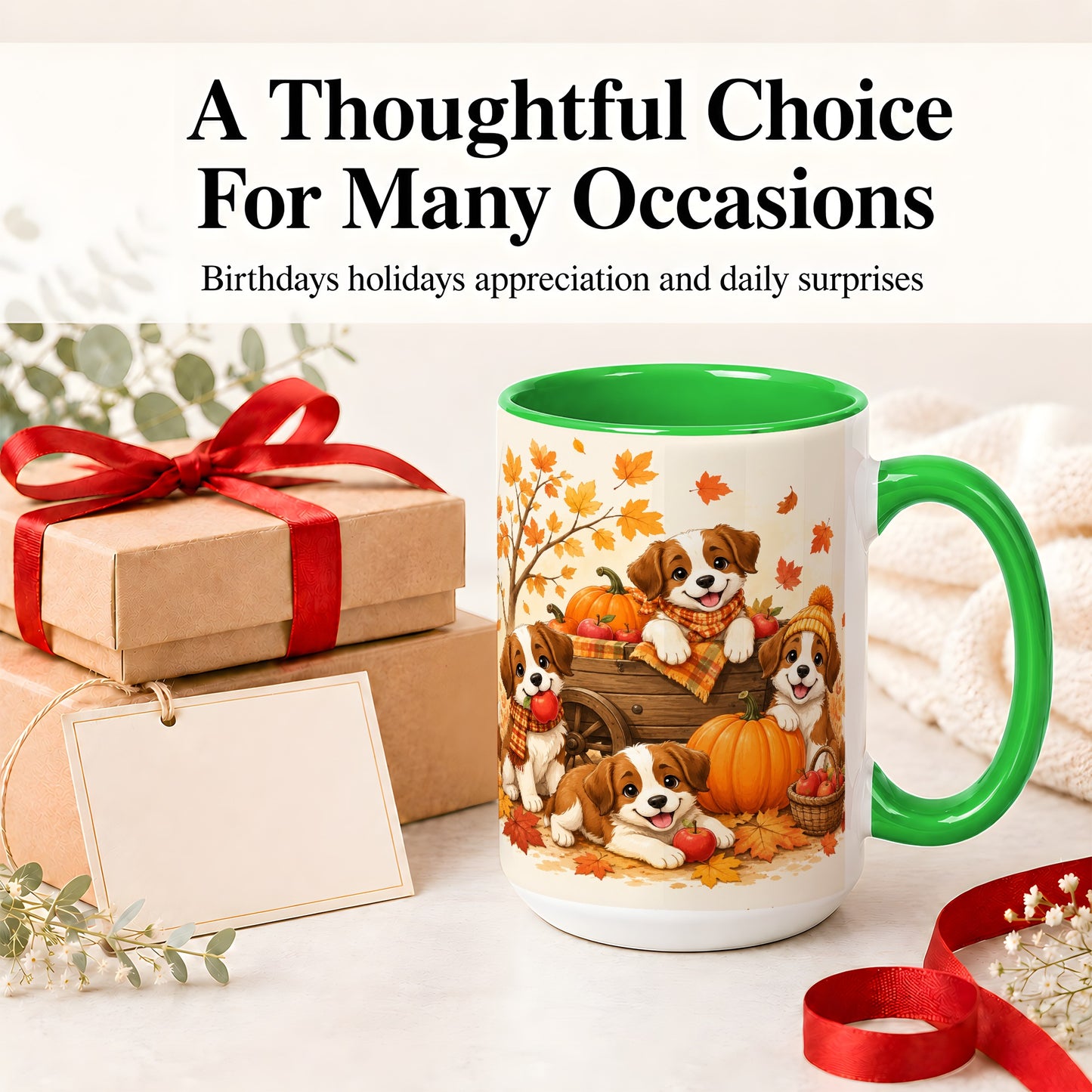 #pl[15oz|Green] Autumn Puppies Accent Mug, Mug with Pumpkin Harvest Cart Artwork