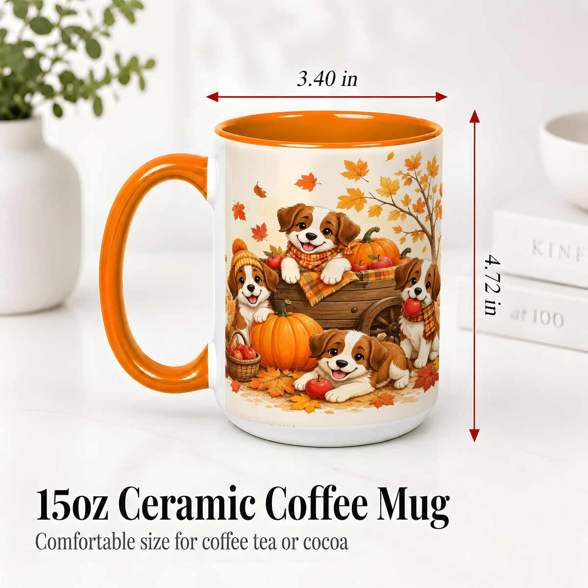#pl[15oz|Orange] Autumn Puppies Accent Mug, Mug with Pumpkin Harvest Cart Artwork